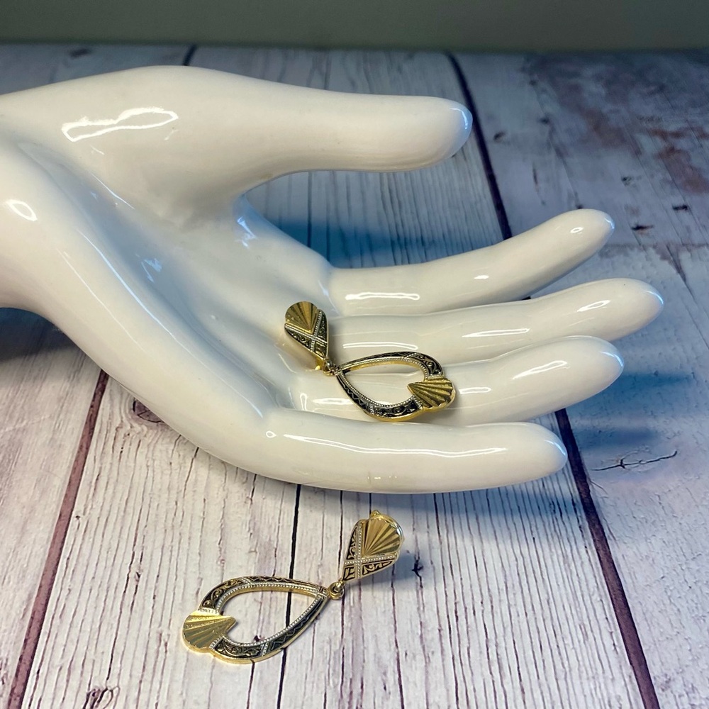 Vintage Damascene Teardrop Dangle Earrings – Ornate Gold & Black Inlay